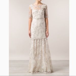 Marchesa Notte Metallic Embroidered Lace Gown